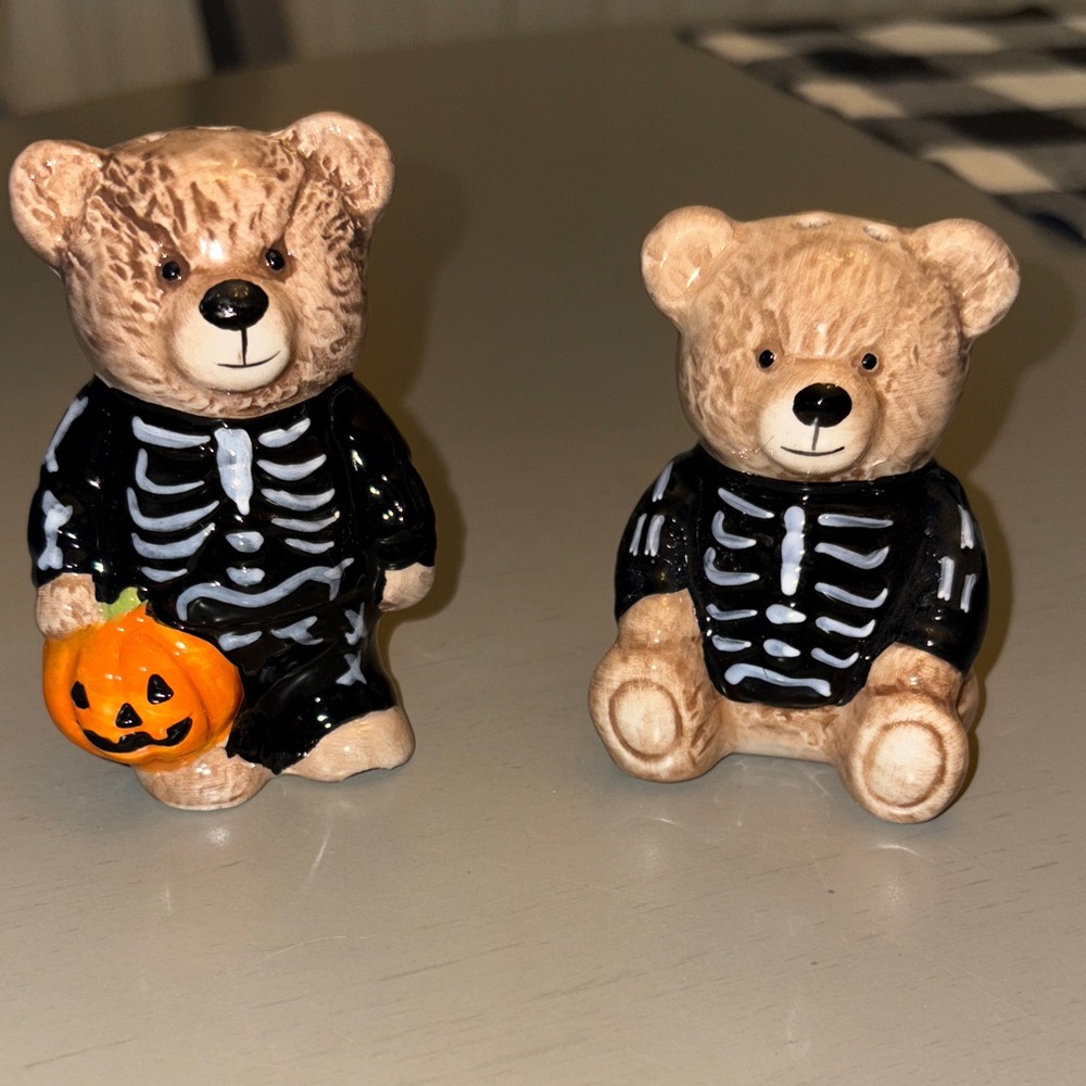 Creepy Critters Skeleton Bear Figurines with Pumpkin Salt & Pepper Shakers